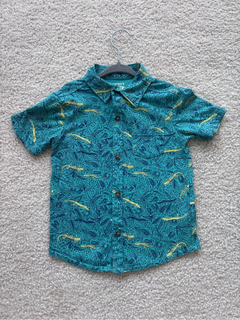 Carter's Teal Short-Sleeve Button-Up Shirt with Yellow Lizard Print